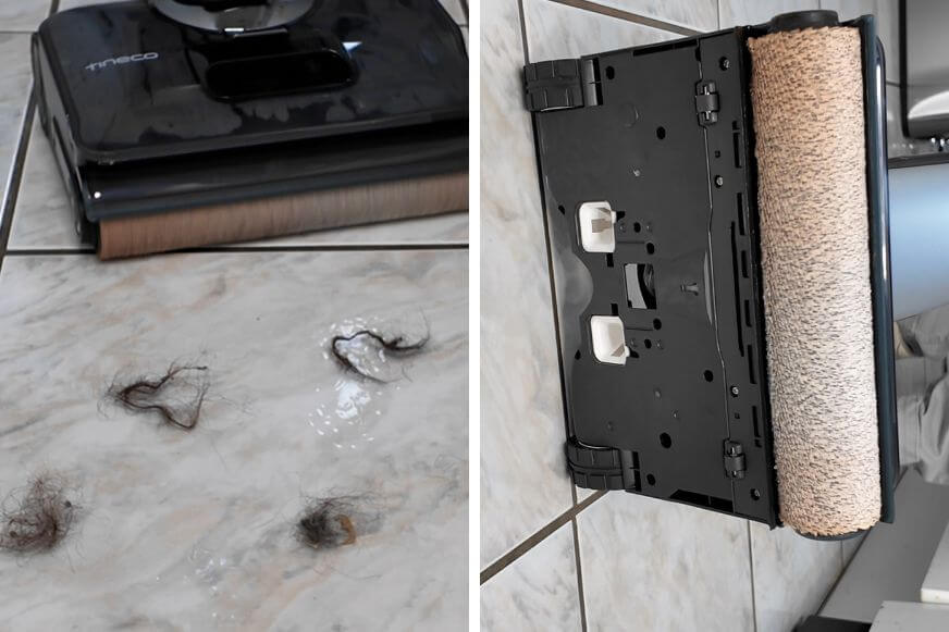 Tineco Floor One S9 Artist saugt Tierhaare von einem Fliesenboden in der Küche auf, es sind keinerlei Verhedderungen anschließend auf der Walze zu sehen.